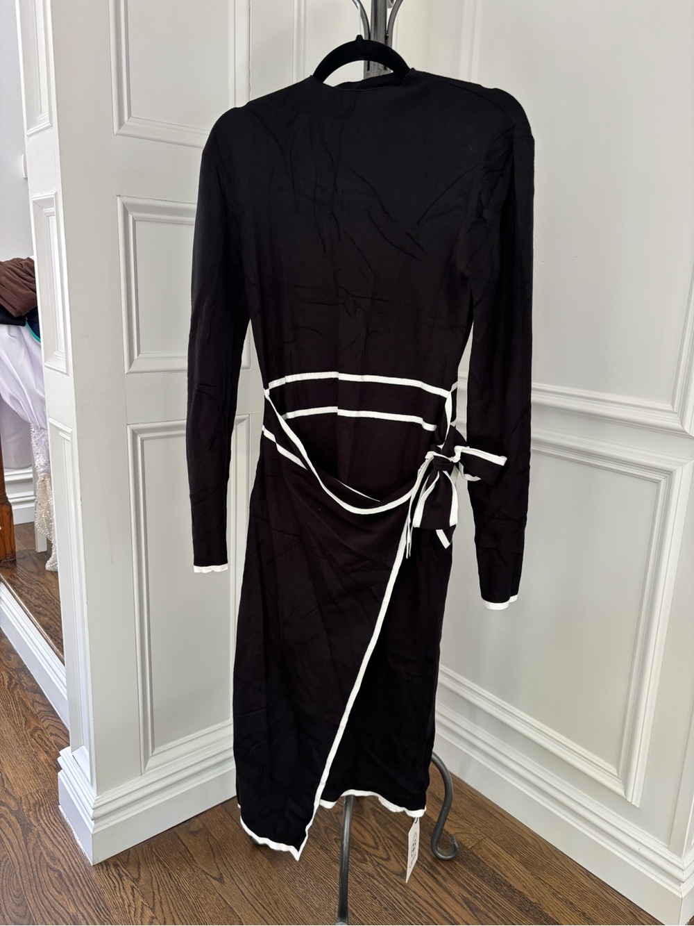 Cider Black Long-Sleeve Wrap Dress with White Trim